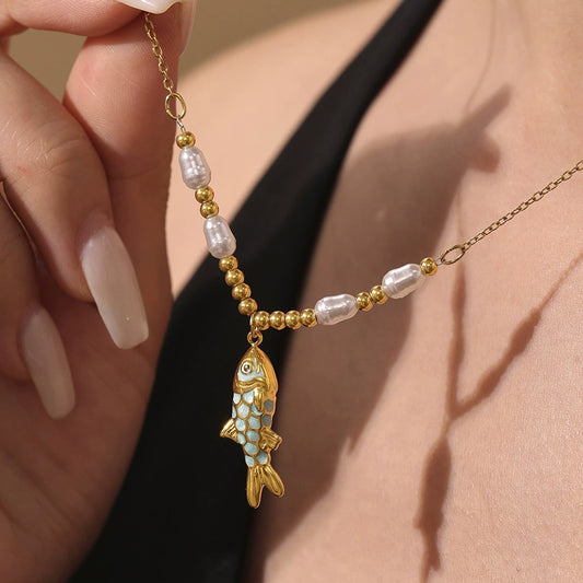 Hand-Painted Enamel Koi Bead Necklace - Gold Plated with Vibrant Colors, Stretchy Design for a Unique and Meaningful Gift-ALB