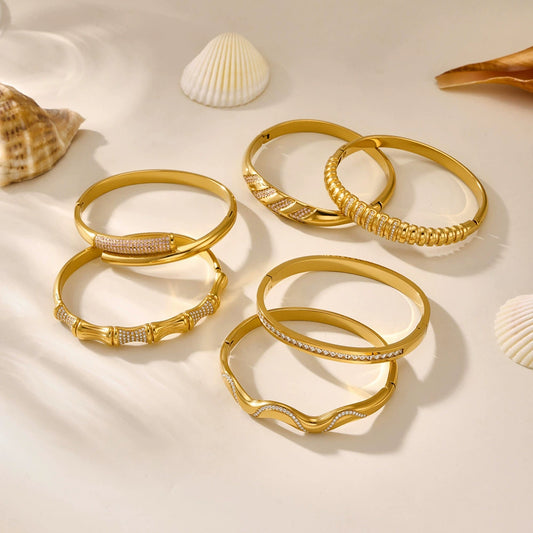 Adjustable Geometric Bamboo Bracelet - Features Sparkling Zircon and 18K Gold Plating, Comfortable Fit for Sensitive Skin-ALB