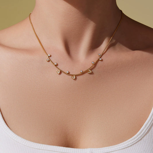 Hypoallergenic Full Pave Zirconia Heart Necklace - Stackable Court Style Collarbone Chain, Tarnish-Resistant Stainless Steel for a Luxurious Layered Look-ALB
