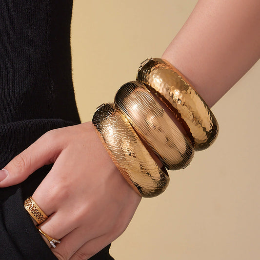 Hypoallergenic Wide Cuff Bracelet with Hammered Detail - 18K Gold Plated Side Opening Design, Tarnish-Resistant and Comfortable for Sensitive Skin -ALB