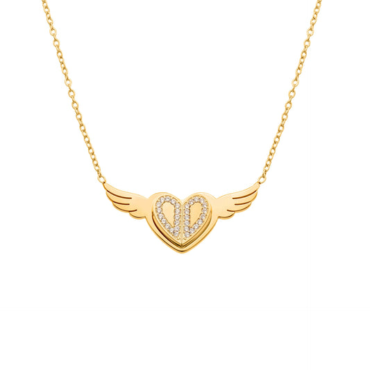 Elegant 3D Angel Wing & Heart Pendant Necklace - 18K Gold Plated Double-Layer Blade Chain, Hypoallergenic and Tarnish-Resistant for Daily Luxury-ALB