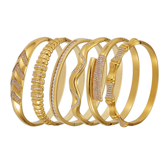 Adjustable Geometric Bamboo Bracelet - Features Sparkling Zircon and 18K Gold Plating, Comfortable Fit for Sensitive Skin-ALB