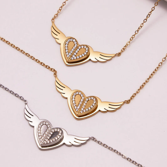 Elegant 3D Angel Wing & Heart Pendant Necklace - 18K Gold Plated Double-Layer Blade Chain, Hypoallergenic and Tarnish-Resistant for Daily Luxury-ALB