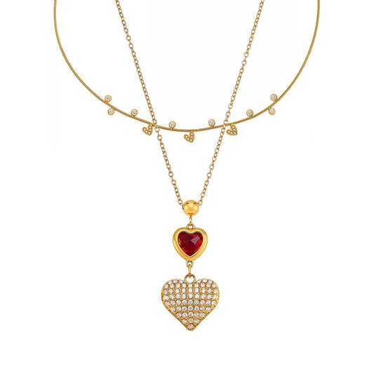 Hypoallergenic Full Pave Zirconia Heart Necklace - Stackable Court Style Collarbone Chain, Tarnish-Resistant Stainless Steel for a Luxurious Layered Look-ALB