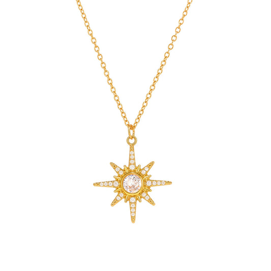 5A Zirconia Full Pavé Eight-Pointed Star Double Layer Necklace - 18K Gold Plated Stainless Steel Statement Collarbone Chain, Celestial Inspired Jewelry for Women-ALB